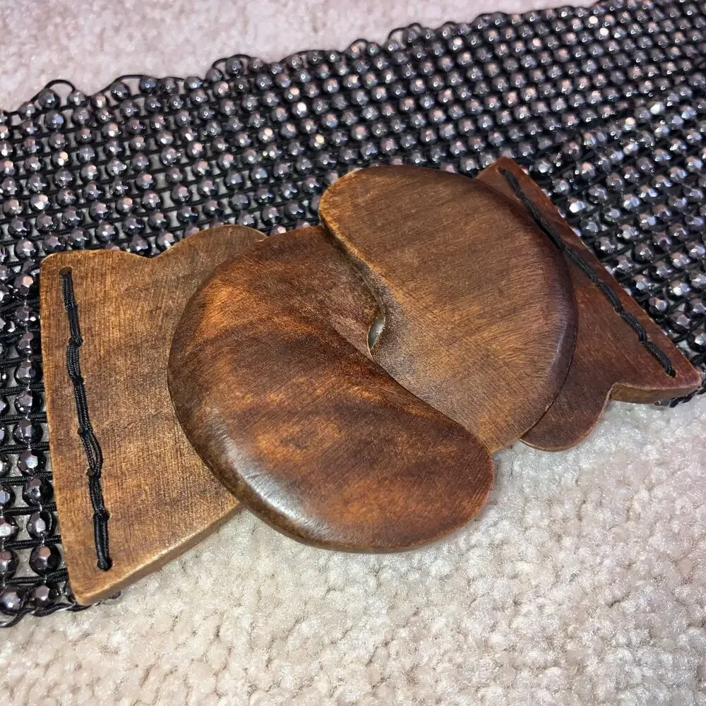Anthropologie beaded waist belt with wooden clasp, statement bohemian